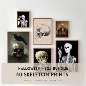 Juego de 40 impresiones de Halloween, juego de impresiones de esqueleto, póster de esqueleto, arte de pared de esqueleto, decoración de Halloween, impresión espeluznante, impresiones divertidas de otoño