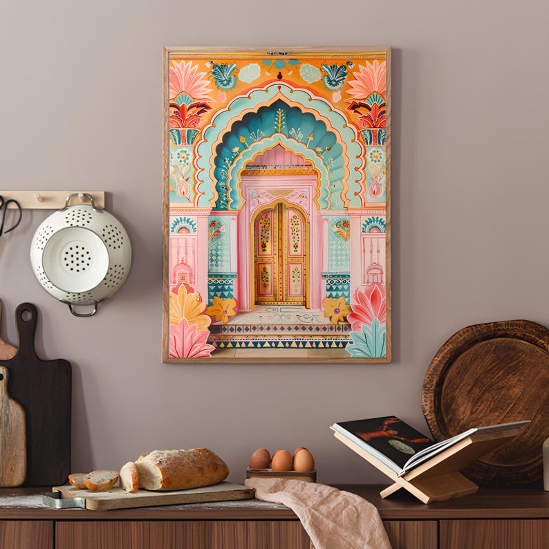 May include: A colorful illustration of a pink and blue doorway with a yellow door. The doorway is decorated with intricate floral patterns and geometric designs. The image is framed in wood.