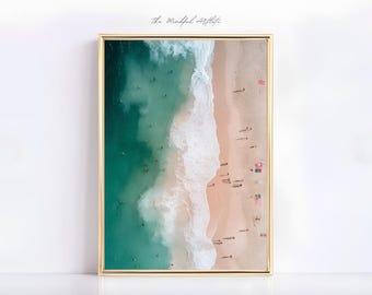 Impression de plage animée, natation dans l'océan, impression d'illustration aérienne de plage, impression de plage, art mural d'été côtier, décoration de maison de plage, impression de petites personnes