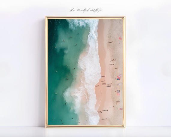 Busy Beach Printable Ocean Swimming Print Aerial Beach Illustration Beach Print Coastal Summer Wall Art Beach House Decor Tiny People Print