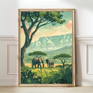 May include: A vintage-style illustration of a green landscape with a mountain range in the background. Two elephants are walking through the grass, with a smaller elephant following behind. The scene is framed by a wooden frame.