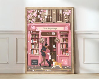 Cherry Blossom Print Bookshop Print Coffee Print Cafe Wall Art Prink Wall Art Kitchen Print Dreamy Print Pink Illustration Print | DOWNLOAD