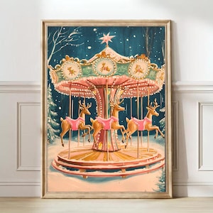 Winter Print Christmas Print Colorful Christmas Painting Carousel Painting Reindeer Print Bright Holiday Print Girly Christmas Nursery