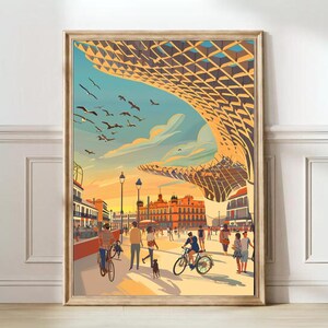 May include: A colourful illustration of a city street scene with a large, intricate, wooden structure overhead. People are walking and riding bicycles on the street, and there are birds flying in the sky. The buildings in the background are yellow and orange.