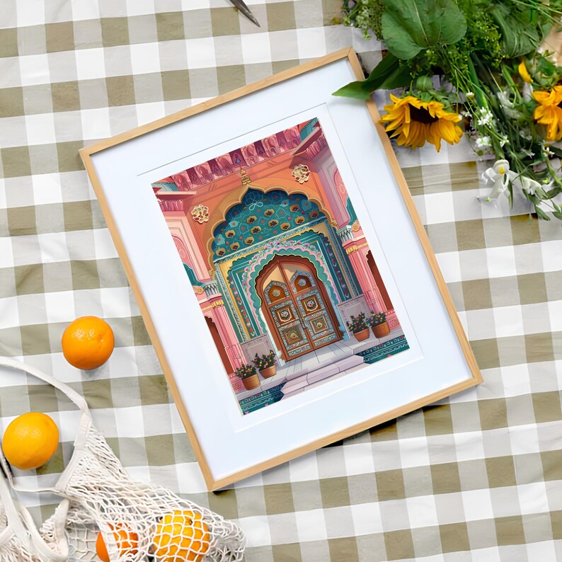 Peut inclure: Une impression encadr&eacute;e d'une porte orn&eacute;e et color&eacute;e avec un motif turquoise et or. La porte est sur un fond rose et orange.