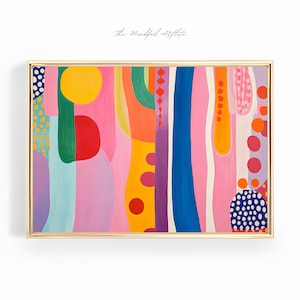 Può includere: Dipinto astratto con sfondo rosa e forme, linee e punti colorati. Il dipinto è incorniciato in oro.
