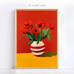 Flower Vase Art Print Red Poppies Striped Art Print Eclectic Floral Print Striped Vase Botanical Contemporary Art Red | digital download