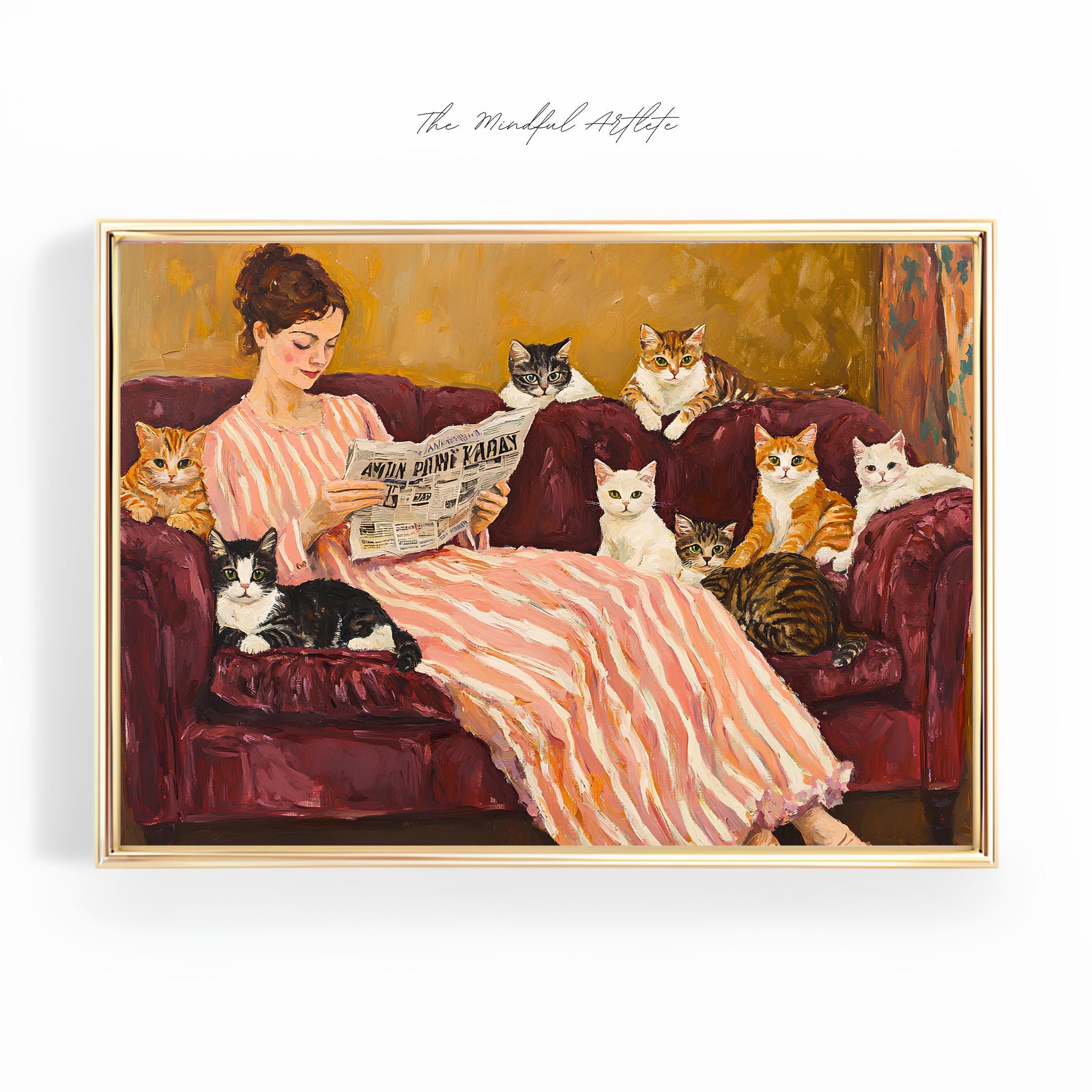 Reading Woman with Cats Painting Girl Cat Print Striped People Art Abstract Woman Portrait Pet Cat Art Book Art | digital download
