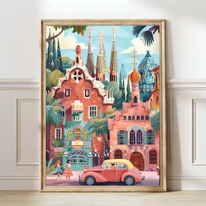 Barcelona Impresión Barcelona Ilustración España Cartel de viaje Sagrada Familia Impresión Cocina Pared Arte Vivero Pastel Impresión / DESCARGA DIGITAL