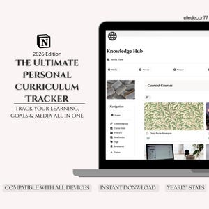May include: A laptop screen displays a "Knowledge Hub" interface with navigation options and course listings. The screen shows a "Personal Curriculum Tracker" with the text "Track Your Learning, Goals & Media All in One."