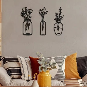 3pcs Metal Flower Wall Decor, Minimalist Vase Wall Art Black Tulip Wire Iron Decor, Floral Wall Sculpture For Kitchen Bathroom Living Room