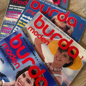 Burda Moden 1986 3,7,8,10 fashion magazines with patterns and English supplements (for number 8)