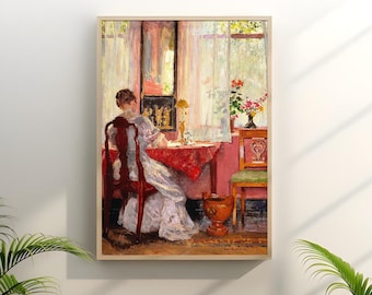 Vintage femme écrivant une peinture, impression d'art éclectique (téléchargement numérique)