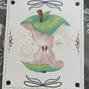 May include: A whimsical illustration featuring a green apple core with a cartoon character and a profile of a person. The artwork has a light color palette with a decorative border and bow accents.