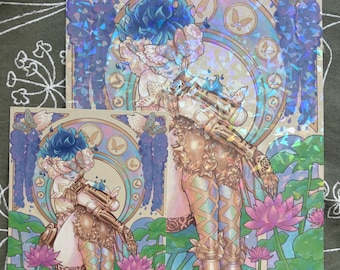 May include: Two holographic art prints showcasing a fantasy illustration. The artwork presents a figure with blue hair, decorated with butterflies and floral details, positioned in a lotus pond. The background incorporates a circular design with butterflies and a stained-glass effect.