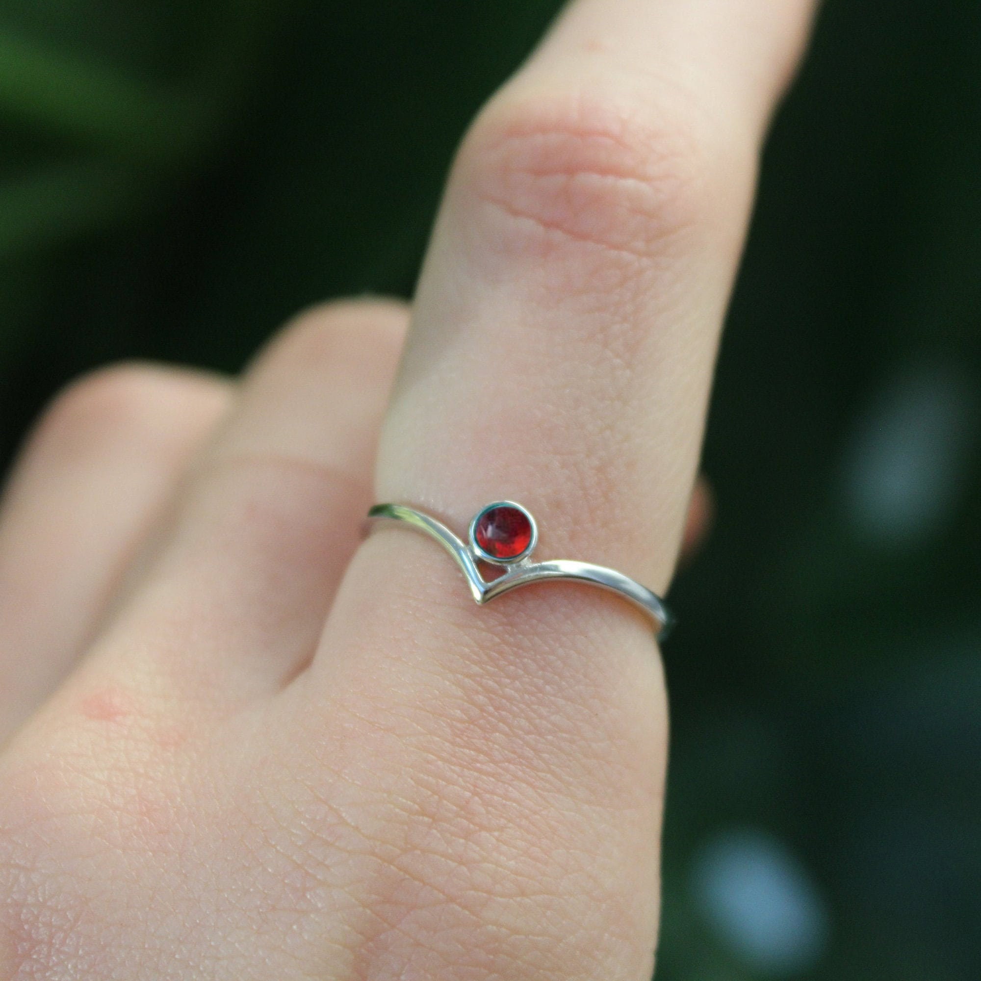 Red Garnet Chevron Ring/ Silver "V" Shape Ring/ January Birthstone Ring/ Stackable Promise Ring/ Minimalist Ring/ Engagement Ring For Her