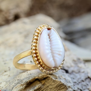 Cowrie Shell Ring | Natural Shell Ring | Statement Boho Ring | Sterling Silver Ring | Gold Ocean Beach Jewelry Ring | Anniversary Gift Ring