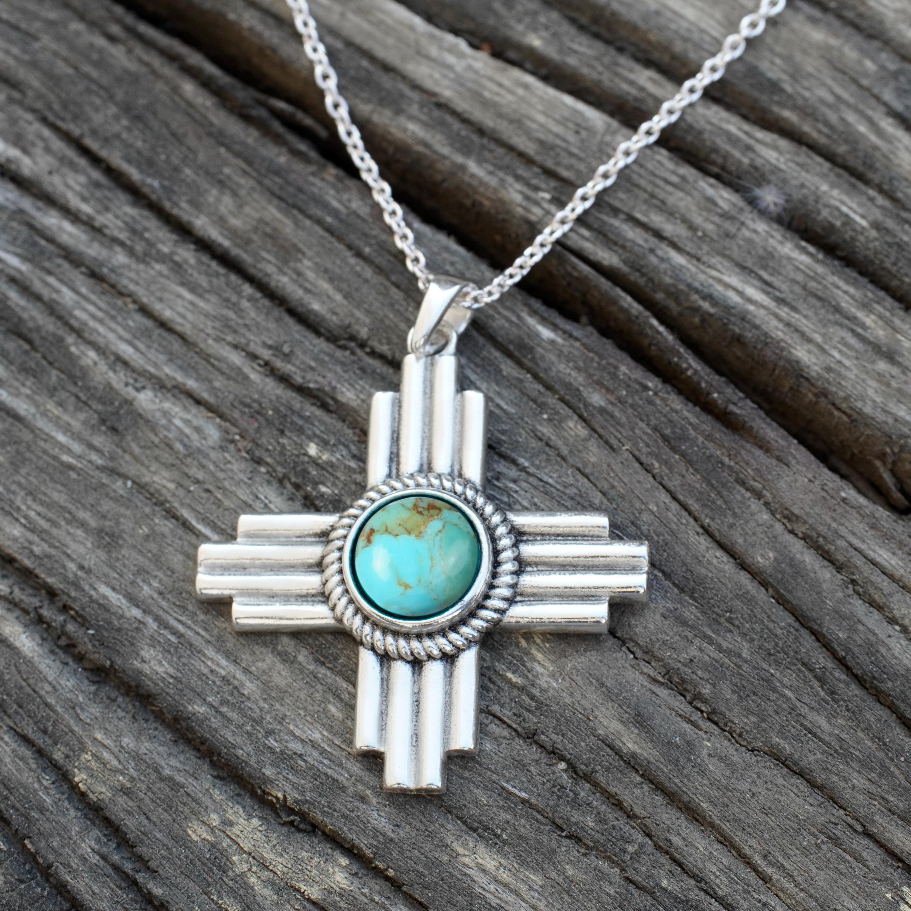 Kingman Turquoise Zia Pendant / Sterling Silver Zia Cross Necklace ...