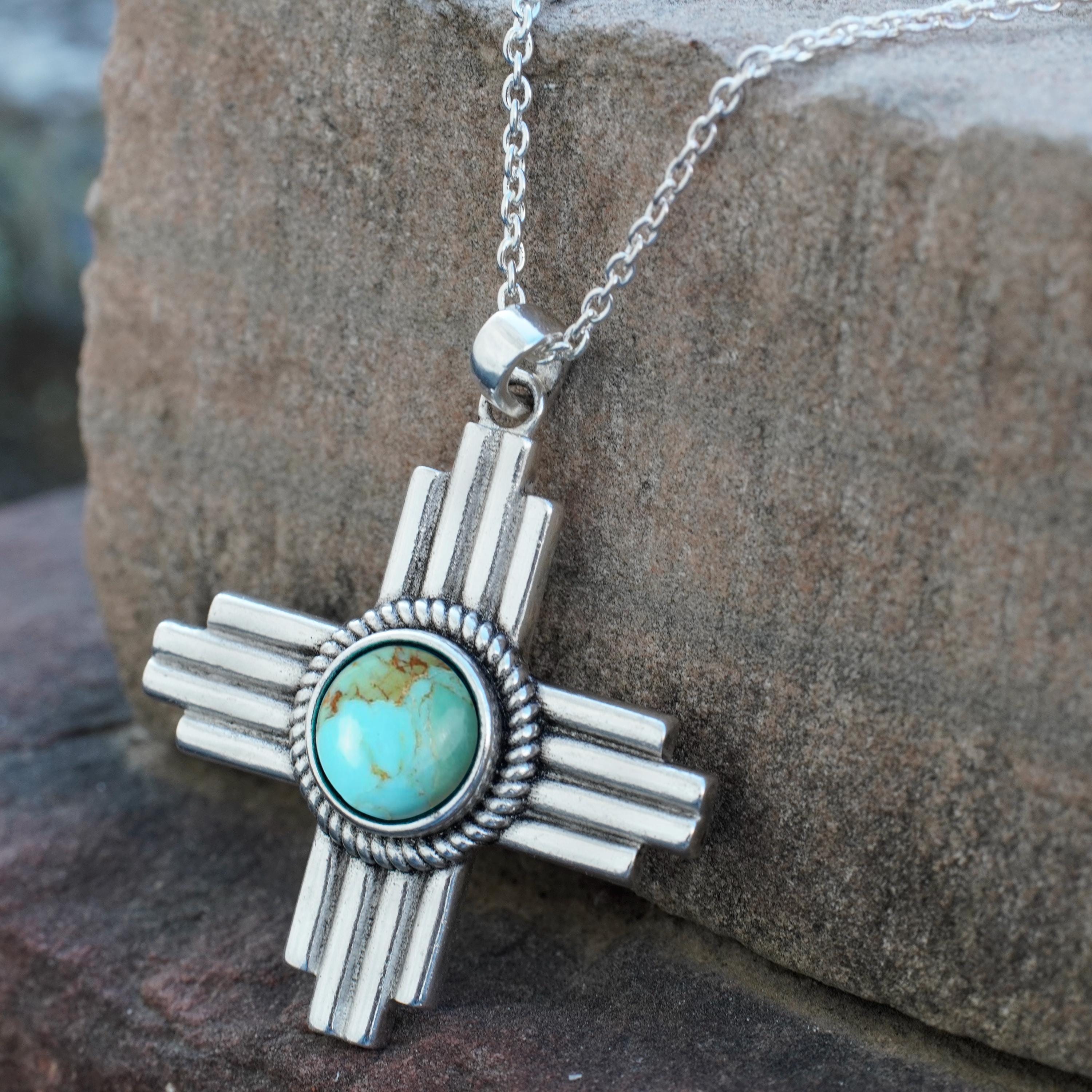 Kingman Turquoise Zia Pendant / Sterling Silver Zia Cross Necklace