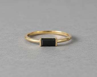 Black Onyx Baguette Ring: Gold Plated Sterling Silver, Minimalist Stacking