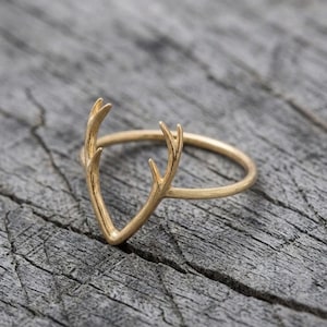 Anillo delicado de asta de ciervo dorada, anillos de cuerno de ciervo de plata de ley 925, joyería de animales del bosque, regalo para amantes de la naturaleza, regalo para mamá, anillos de promesa