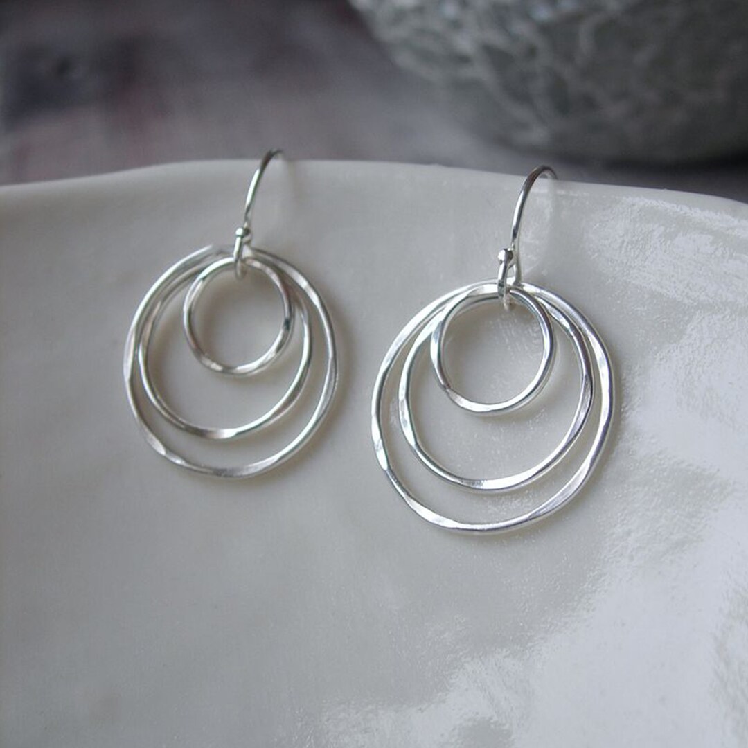 【HYERES LOR】Noailles circle Silver earring 30mm Sterling Silver Geometric Hoop Earrings, Triple Circle