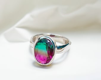 Oval Watermelon Tourmaline Ring: Handmade Sterling Silver Gemstone