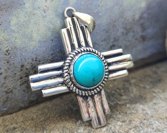 Sterling Silver Turquoise Zia Pendant | New Mexico Necklace