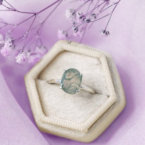 Oval cut moss agate ring, Sterling silver gemstone ring, Minimalist delicate ring gift for her, anniversary gift for her, Promise ring