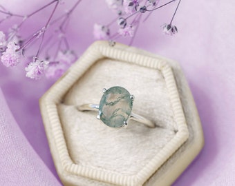 Oval cut moss agate ring, Sterling silver gemstone ring, Minimalist delicate ring gift for her, anniversary gift for her, Promise ring