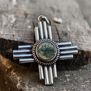 Rare Moss Agate Zia Pendant | Handmade Zia Symbol Pendant | Zia Statement Jewelry | New Mexico Zia Necklace | Zia Sun Pendant | Boho Pendant