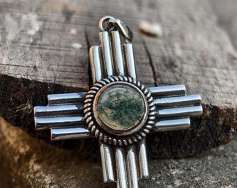 Moss Agate Zia Pendant | Sterling Silver New Mexico Necklace