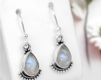 Tear drop rainbow moonstone dangle earrings, Sterling silver ear wire earrings, Womens boho jewelry, Handmade artisan jewelry