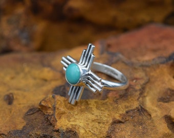 Dainty Zia Symbol Ring With Sleeping Beauty Turquoise | Handmade Zia Rings | Zia Symbol Jewelry | New Mexico Zia Symbol Rings | Zia Sun Ring