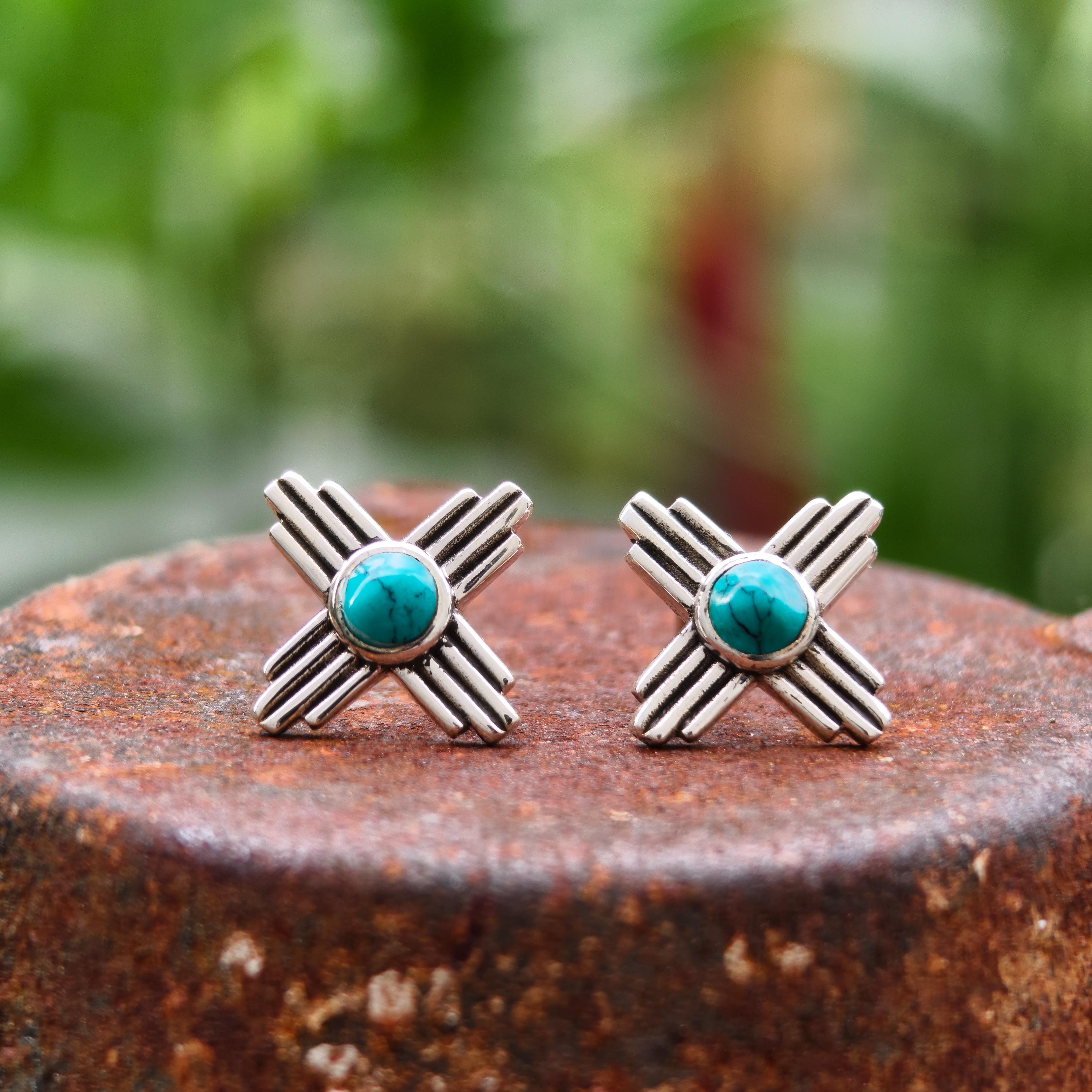 Sterling Silver Zia Stud Earrings: Navajo Turquoise, Native