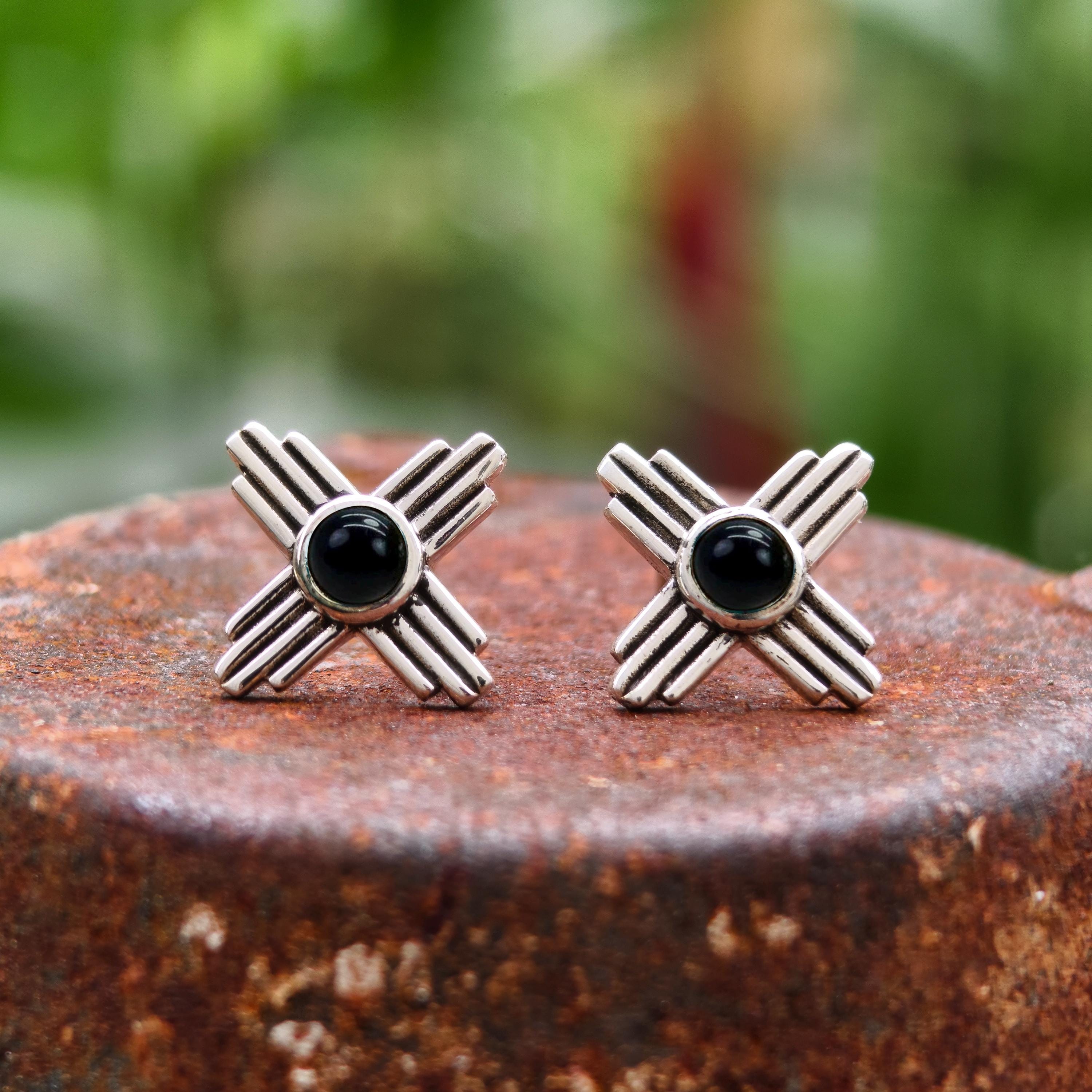 Sterling Silver Zia Stud Earrings: Black Onyx New Mexico Symbol - Etsy