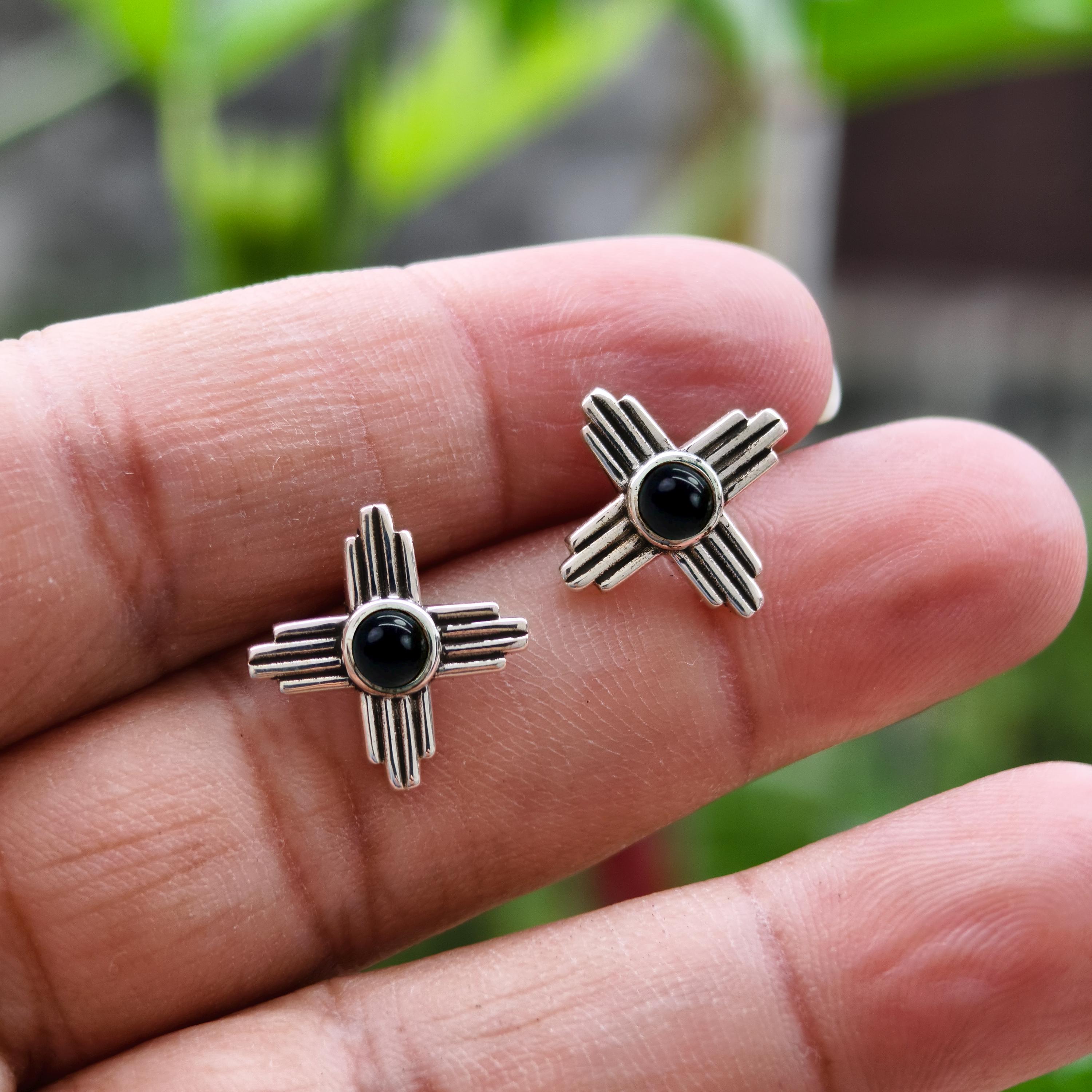 Sterling Silver Zia Stud Earrings: Black Onyx New Mexico Symbol - Etsy
