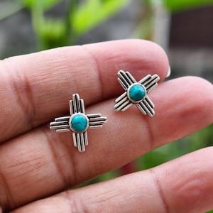 Tiny Zia stud earrings / silver Zia stud earrings With Navajo Turquoise / Zia symbol sun / birthstone jewelry / Native American Jewelry