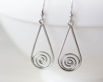 Sterling Silver Spiral Teardrop Earrings: Handmade Geometric Dangle