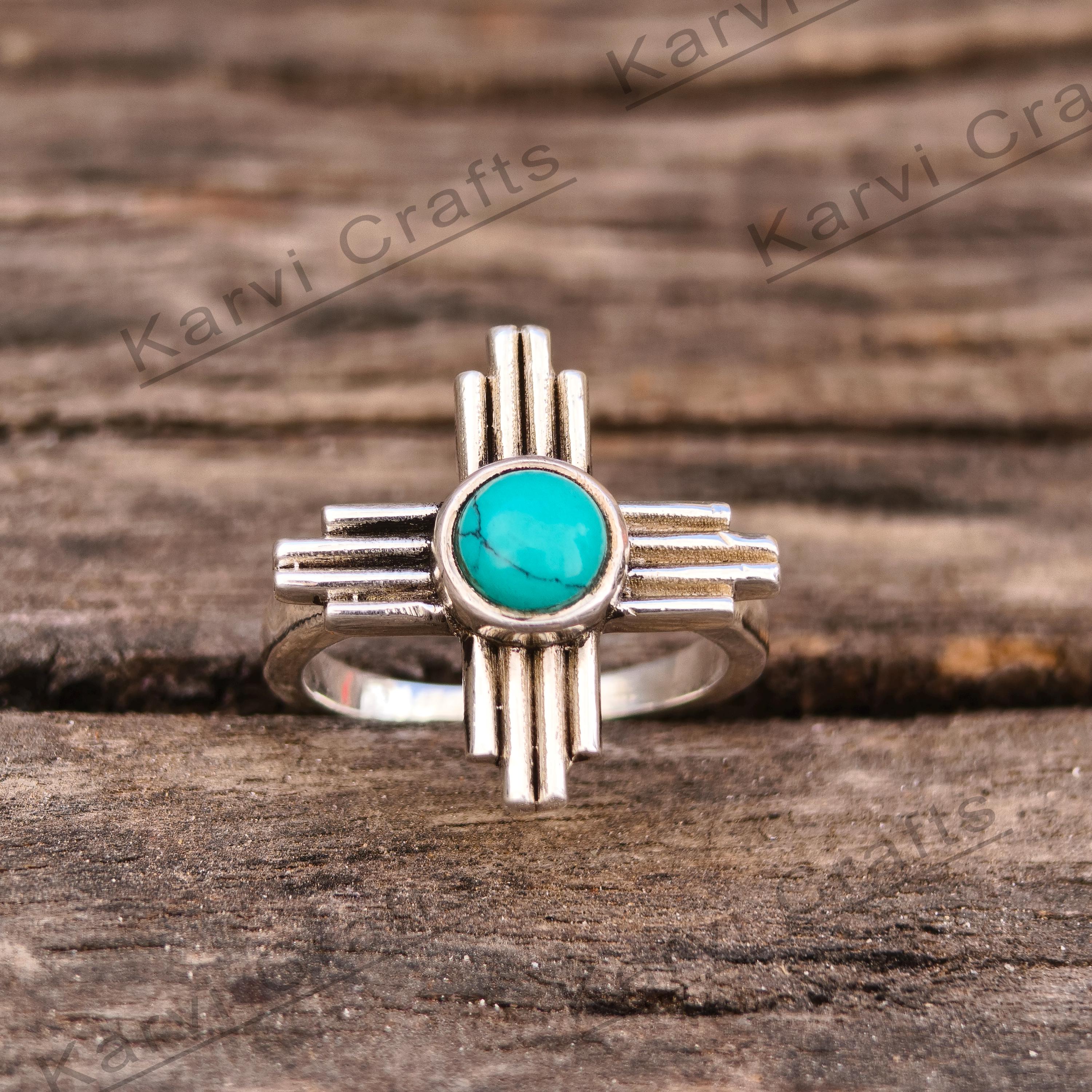 Dainty Zia Turquoise Rings / Silver Zia Sun Symbol Rings