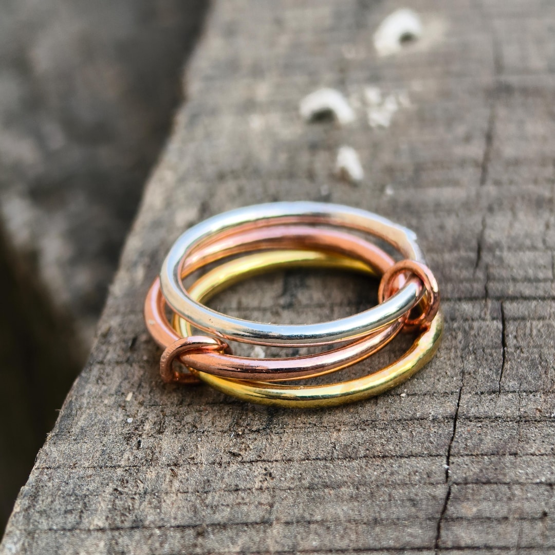 Three-tone Sterling Silver Connected Ring Set, Handmade - Etsy