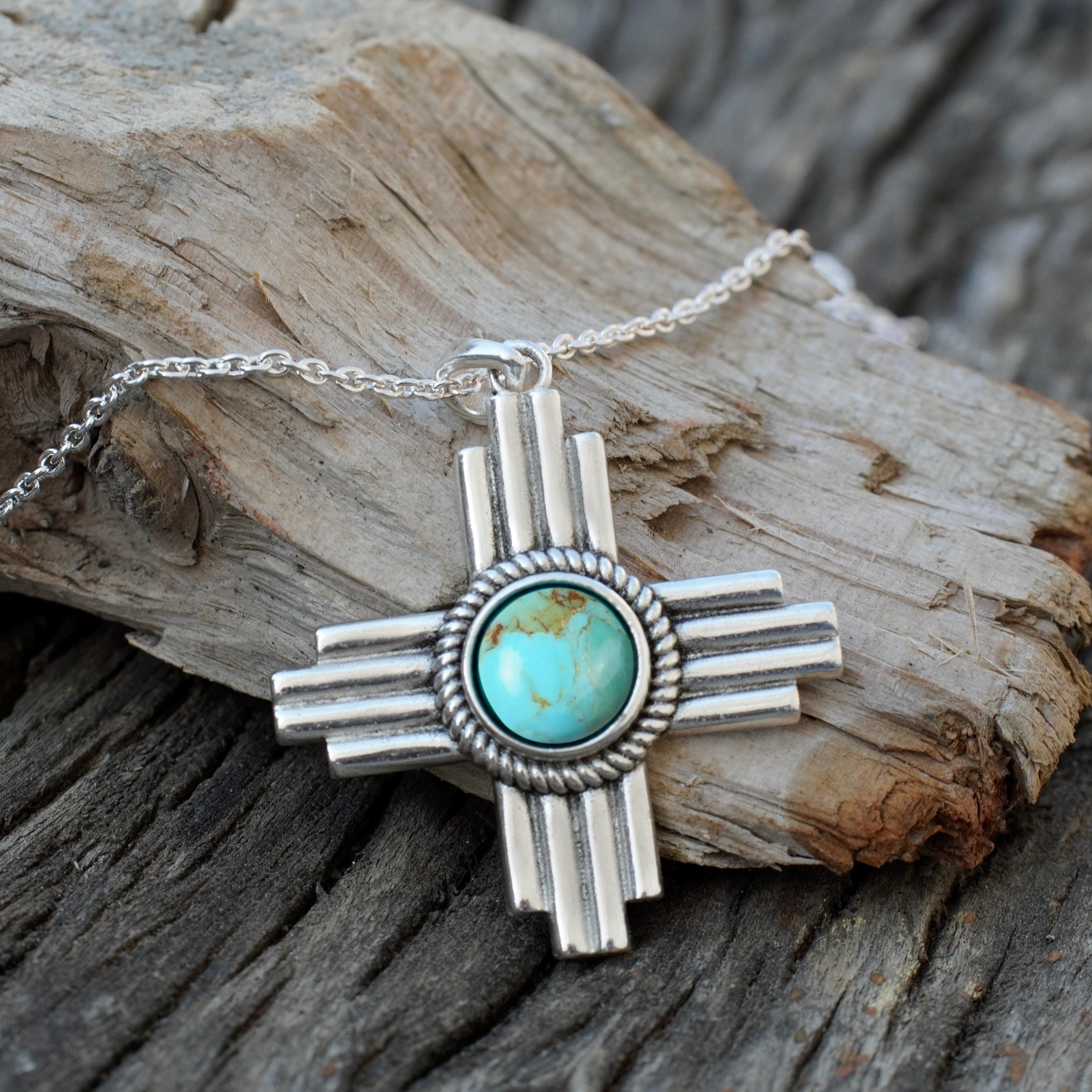 Kingman Turquoise Zia Pendant / Sterling Silver Zia Cross Necklace ...