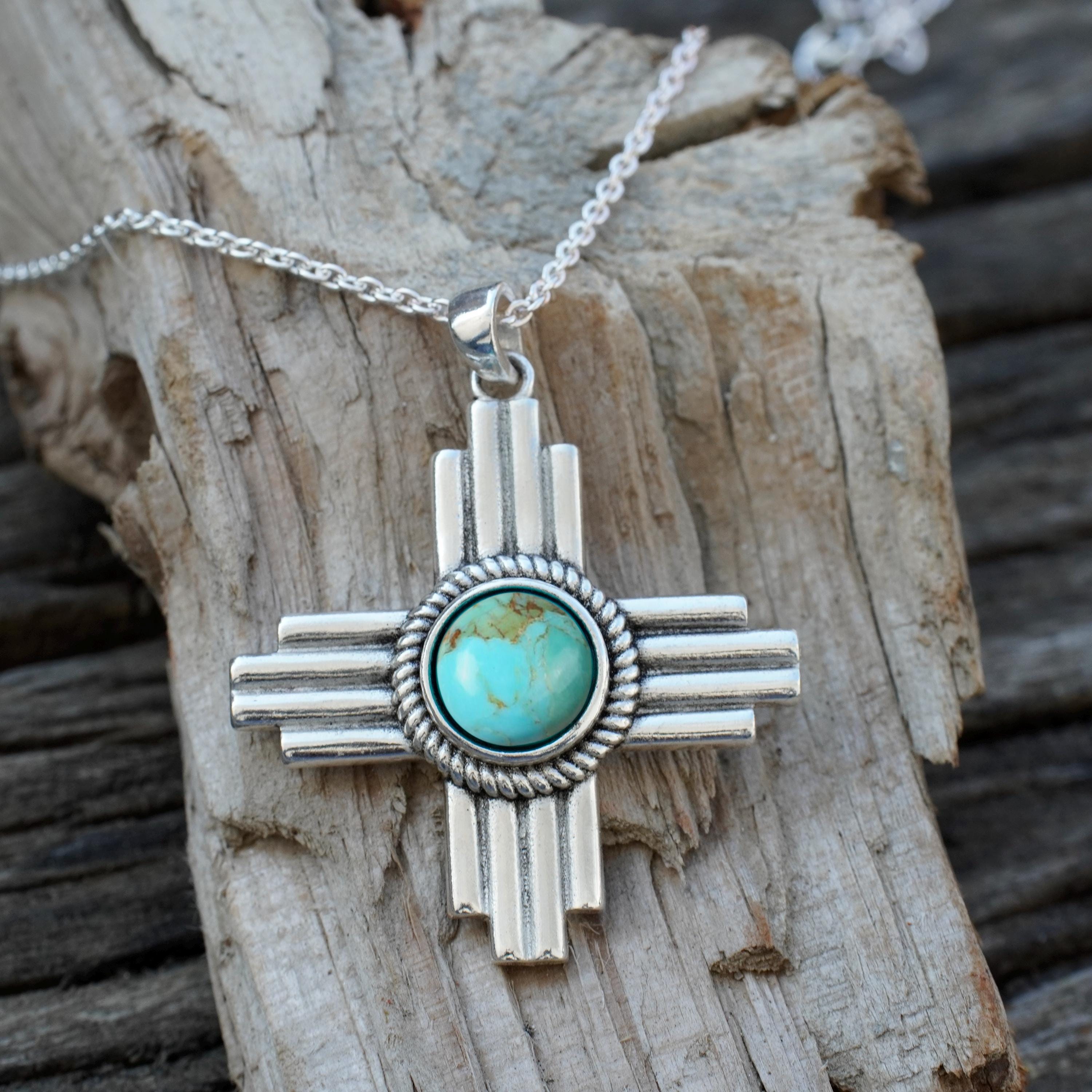 Kingman Turquoise Zia Pendant / Sterling Silver Zia Cross Necklace ...