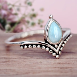 Larimar Chevron Ring, V Shape Sterling Silver Stacking Rings, Handmade Midi Ring, Engagement Ring Gift, Boho And Hippie Minimalist Ring