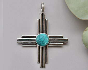 Turquoise Zia Pendant: Handmade Sterling Silver New Mexico Necklace