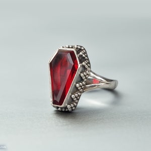 Handmade Garnet Coffin Ring: Solid Sterling Silver Boho Ring