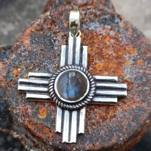 Zia Symbol Pendant | Labradorite Zia Pendant | Handmade Zia Pendant | Zia Statement Jewelry | New Mexico Zia Necklace | Zia Sun Pendant