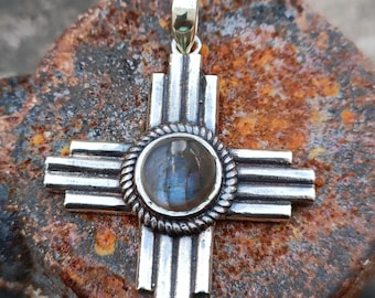 Handmade Labradorite Zia Symbol Pendant: Sterling Silver New Mexico Necklace
