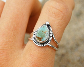Ocean Droplet Ring With Kingman Turquoise | Handmade Sterling Silver Ring | Teardrop Statement Rings | Textured Oxidized Ring | Womens Rings