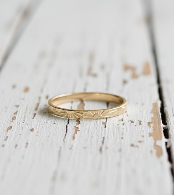 Hand Engraved Sunrise Ring / Sunburst Gold Filled Band / Geometric